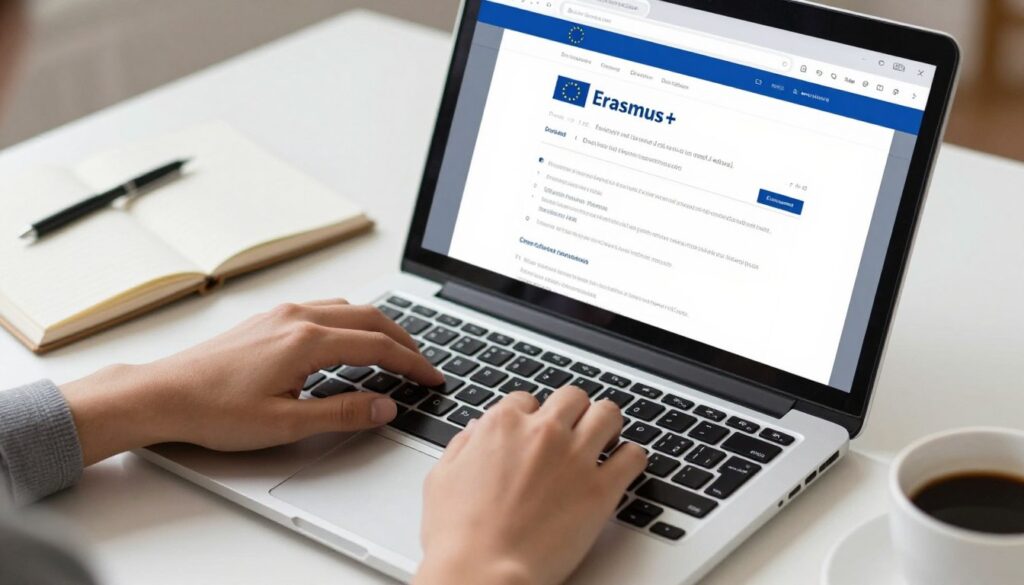 Professional high-resolution close-up of a student's hands typing on a modern laptop, screen displaying a digital Erasmus+ application form with the EU logo, organized desk with a notebook and coffee, soft natural morning light, realistic photography. Professional high-resolution close-up of a student's hands typing on a modern laptop, screen displaying a digital Erasmus+ application form with the EU logo, organized desk with a notebook and coffee, soft natural morning light, realistic photography.
