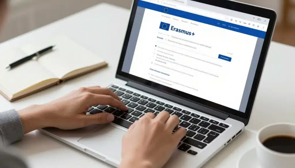 Professional high-resolution close-up of a student's hands typing on a modern laptop, screen displaying a digital Erasmus+ application form with the EU logo, organized desk with a notebook and coffee, soft natural morning light, realistic photography.